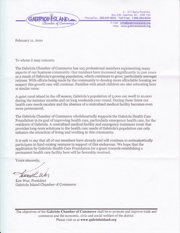 Letter of support from the Gabriola Island Chamber of Commerce